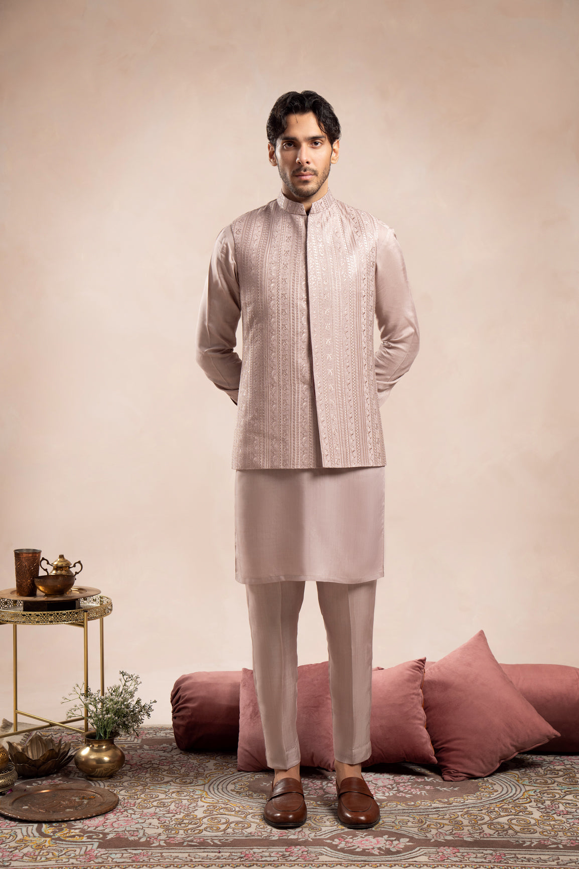 Pink Embroidered Raw Silk Waistcoat Kurta (3-Piece) - Image 2