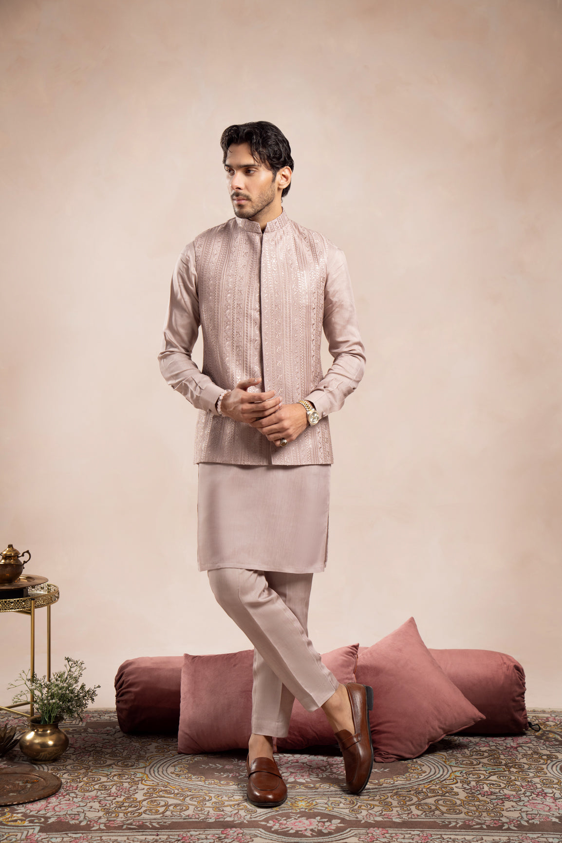 Pink Embroidered Raw Silk Waistcoat Kurta (3-Piece) - Image 3