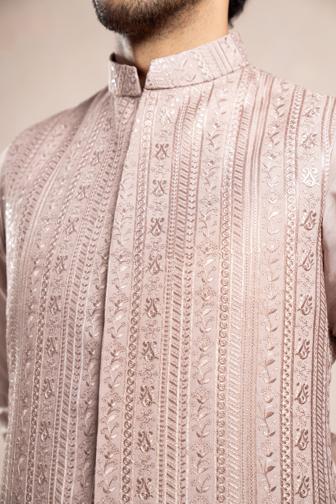 Pink Embroidered Raw Silk Waistcoat Kurta (3-Piece) - Image 5