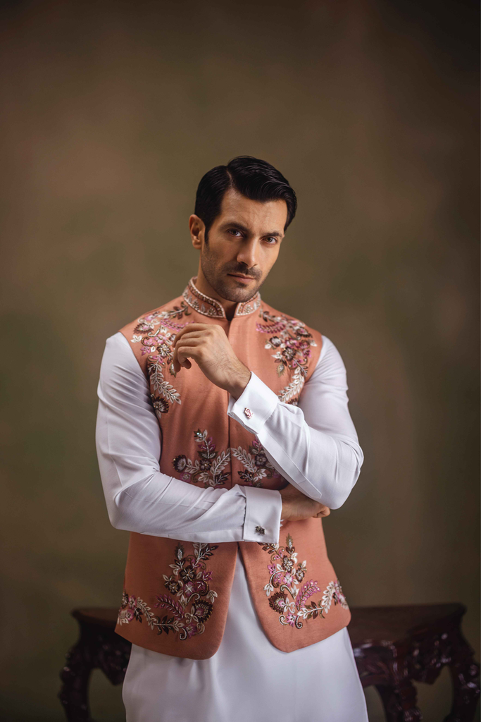 Peach Hand-Embroidered Raw Silk Waistcoat Kurta (3-Piece) - Image 1