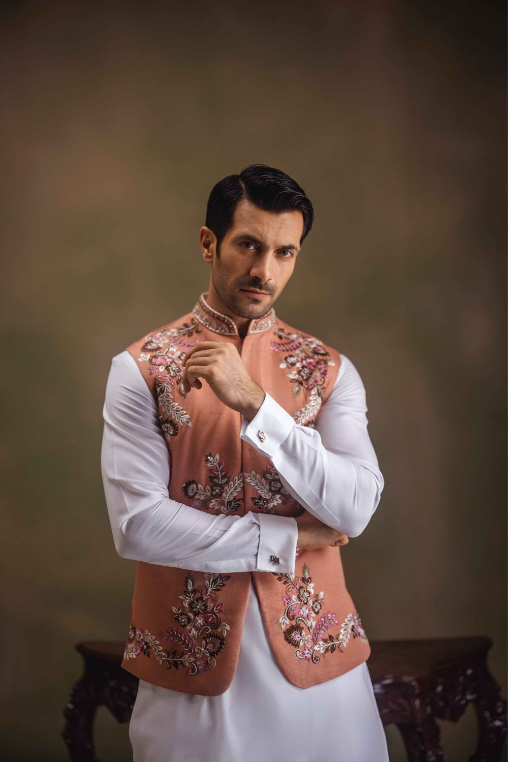 Peach Hand-Embroidered Raw Silk Waistcoat Kurta (3-Piece) - Image 2