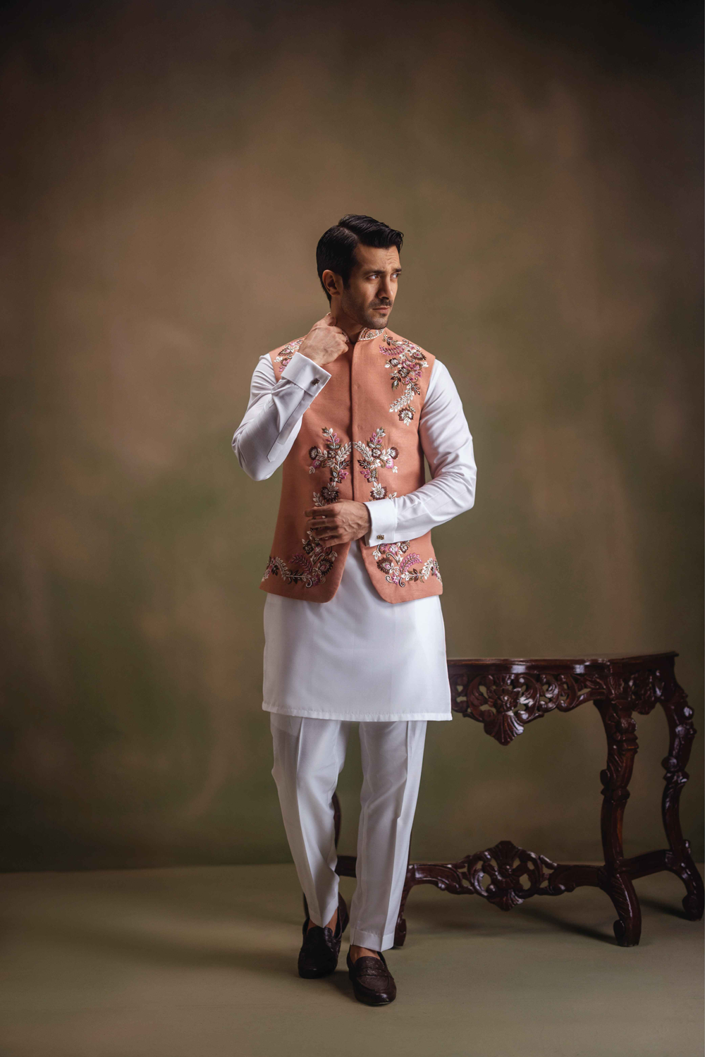 Peach Hand-Embroidered Raw Silk Waistcoat Kurta (3-Piece) - Image 3