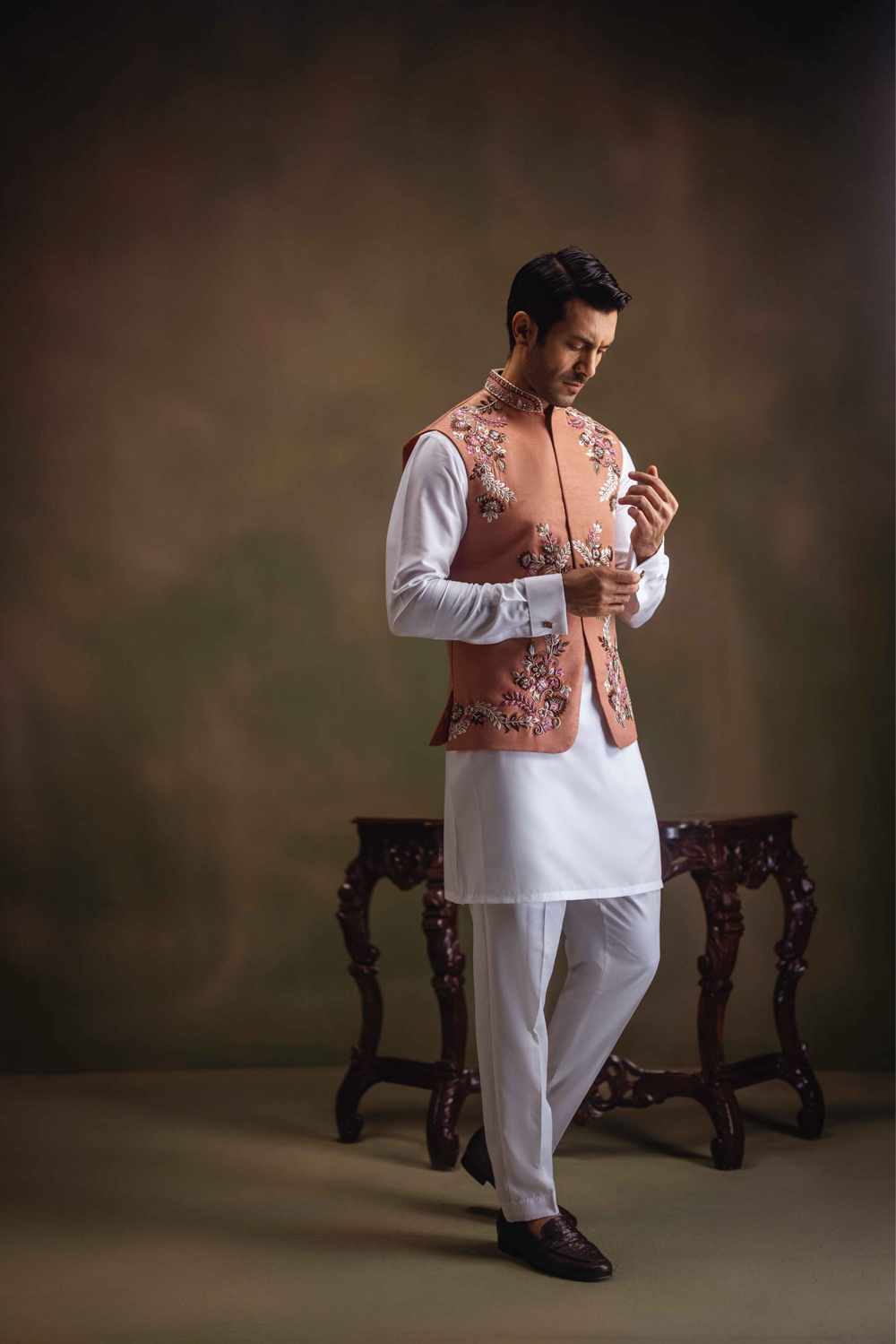 Peach Hand-Embroidered Raw Silk Waistcoat Kurta (3-Piece) - Image 4