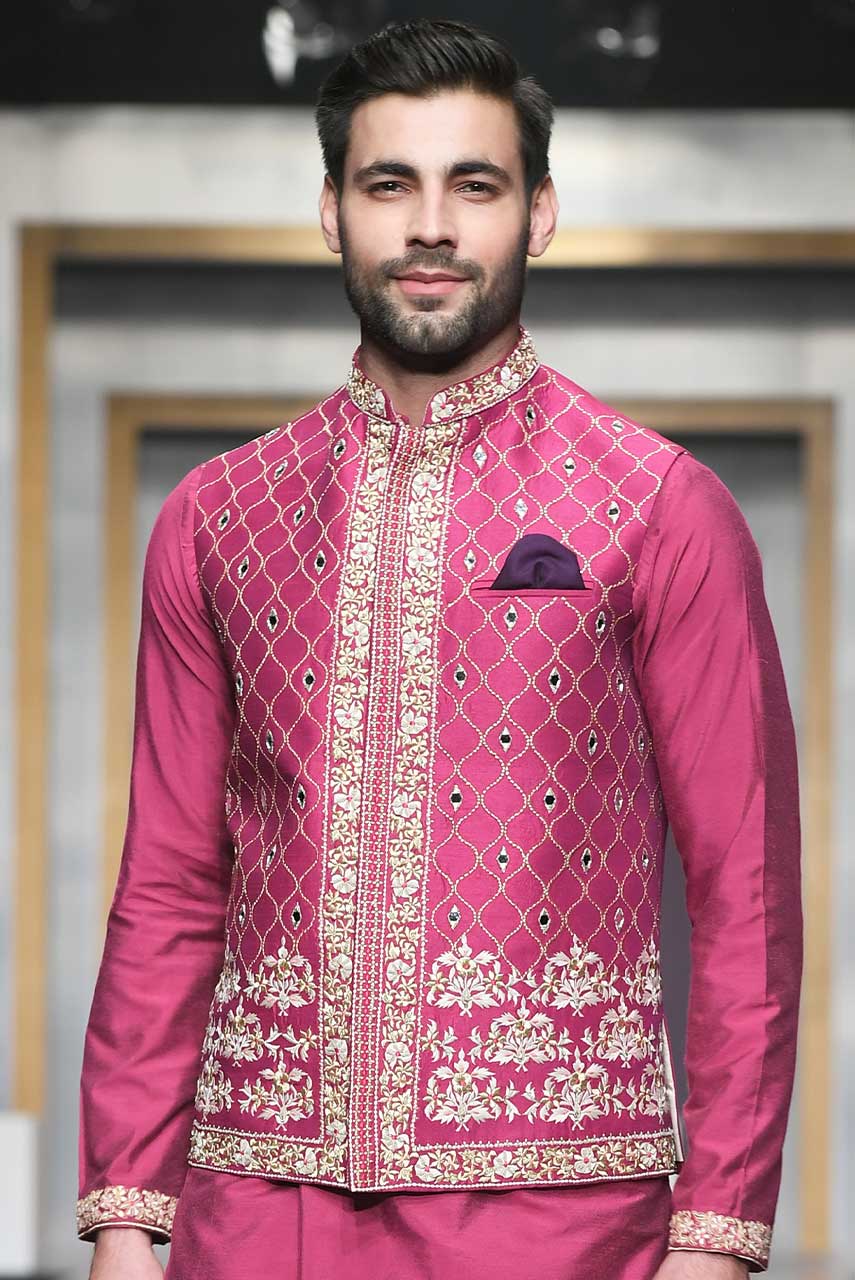 Magenta Hand-Embroidered Raw Silk Waistcoat Kurta (3-Piece) - Image 1