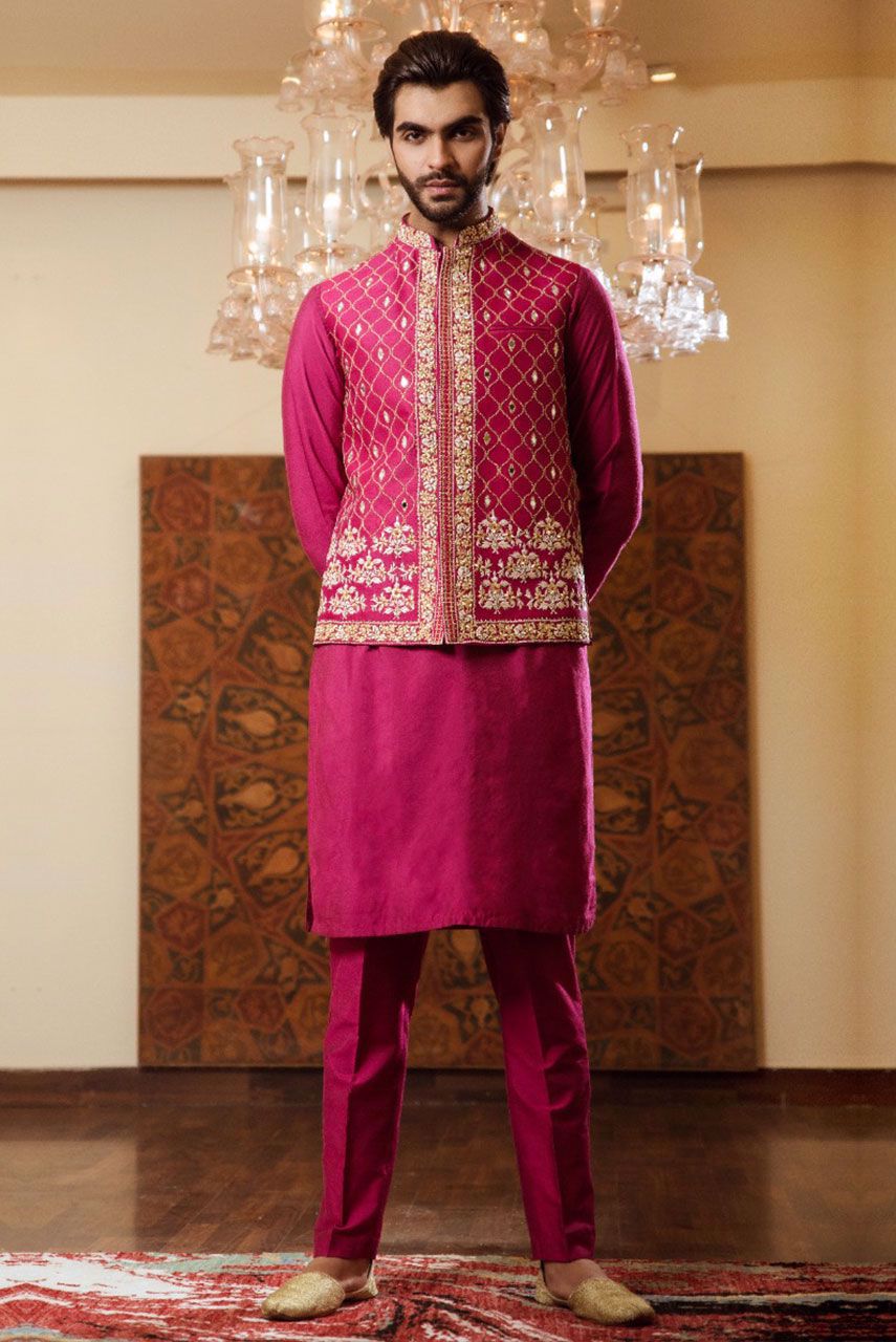 Magenta Hand-Embroidered Raw Silk Waistcoat Kurta (3-Piece) - Image 4