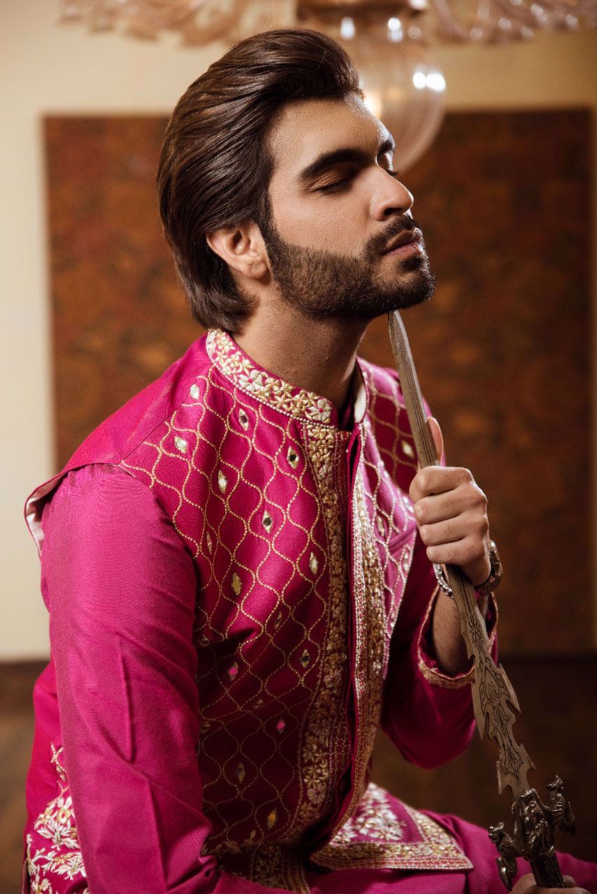 Magenta Hand-Embroidered Raw Silk Waistcoat Kurta (3-Piece) - Image 5