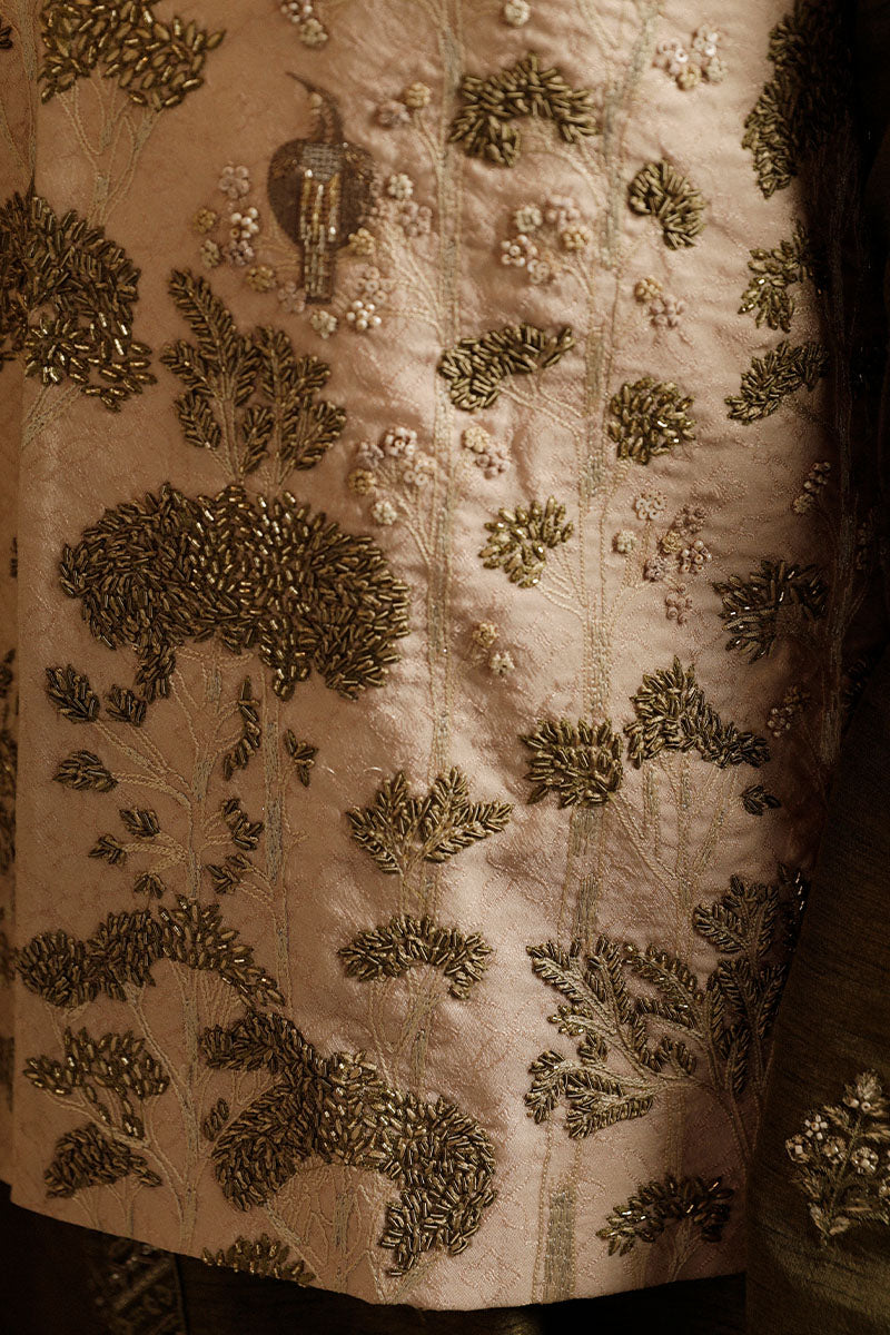 Pastel Pink Embroidered Raw Silk Waistcoat (3-Piece) - Image 3