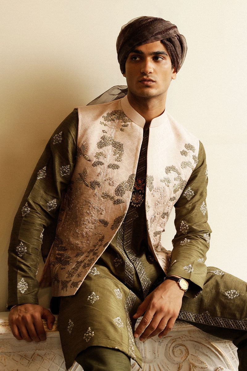 Pastel Pink Embroidered Raw Silk Waistcoat (3-Piece) - Image 4