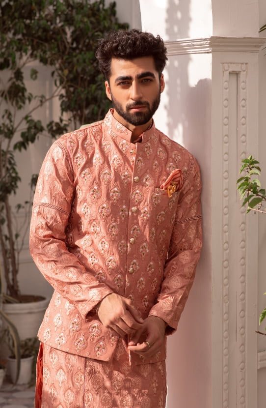 Salmon Pink Embroidered Raw Silk Waistcoat Kurta (3-Piece) - Image 2
