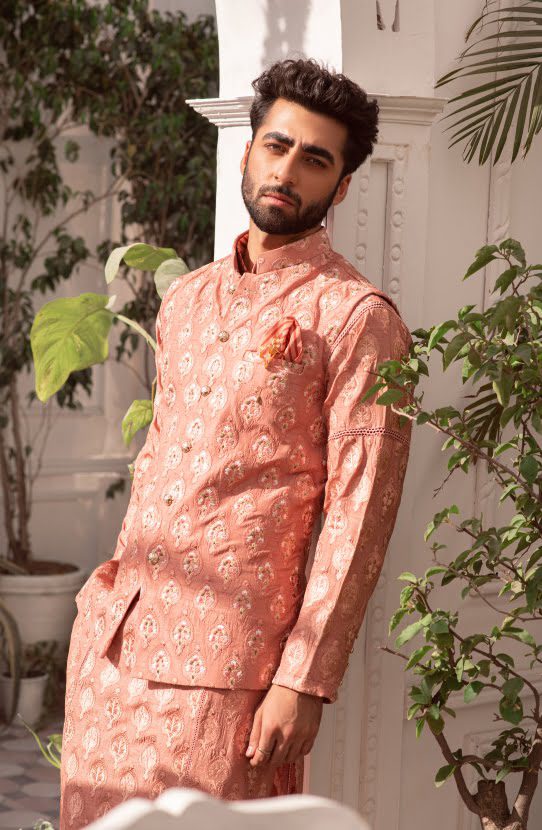 Salmon Pink Embroidered Raw Silk Waistcoat Kurta (3-Piece) - Image 3