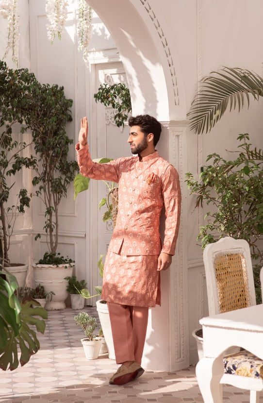 Salmon Pink Embroidered Raw Silk Waistcoat Kurta (3-Piece) - Image 4