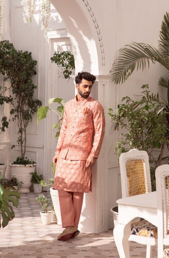 Salmon Pink Embroidered Raw Silk Waistcoat Kurta (3-Piece) - Image 5