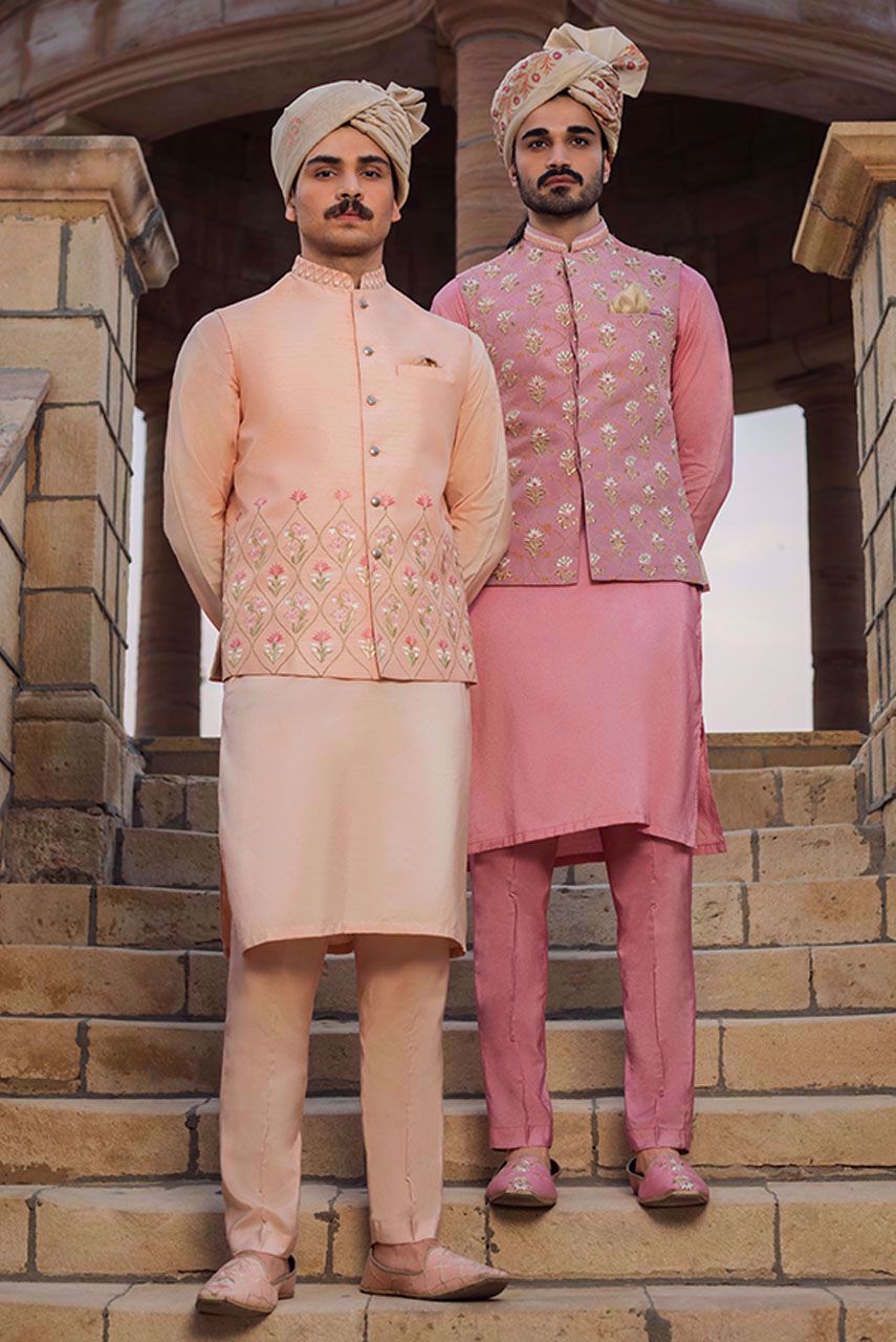Peach Embroidered Raw Silk Waistcoat Kurta Set (3-Piece) - Image 1