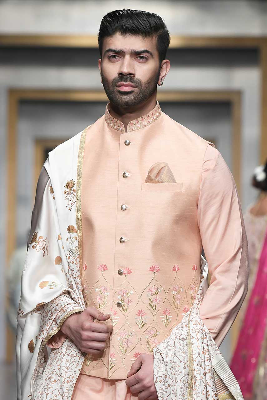 Peach Embroidered Raw Silk Waistcoat Kurta (3-Piece) - Image 2