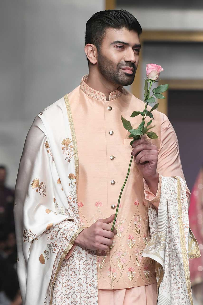 Peach Embroidered Raw Silk Waistcoat Kurta (3-Piece) - Image 3