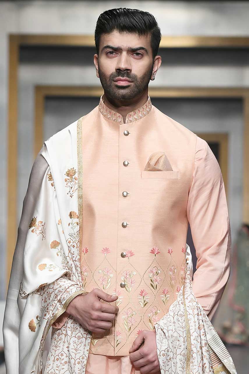 Peach Embroidered Raw Silk Waistcoat Kurta (3-Piece) - Image 4