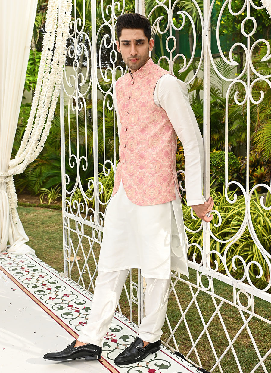 Pink Chunri Printed Raw Silk Waistcoat (3-Piece) - Image 1
