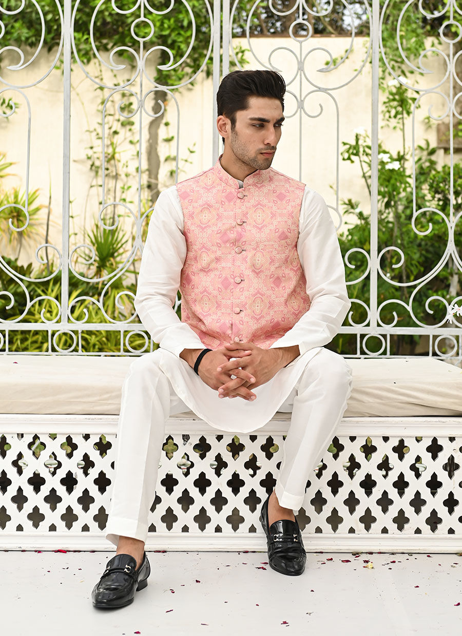 Pink Chunri Printed Raw Silk Waistcoat (3-Piece) - Image 3