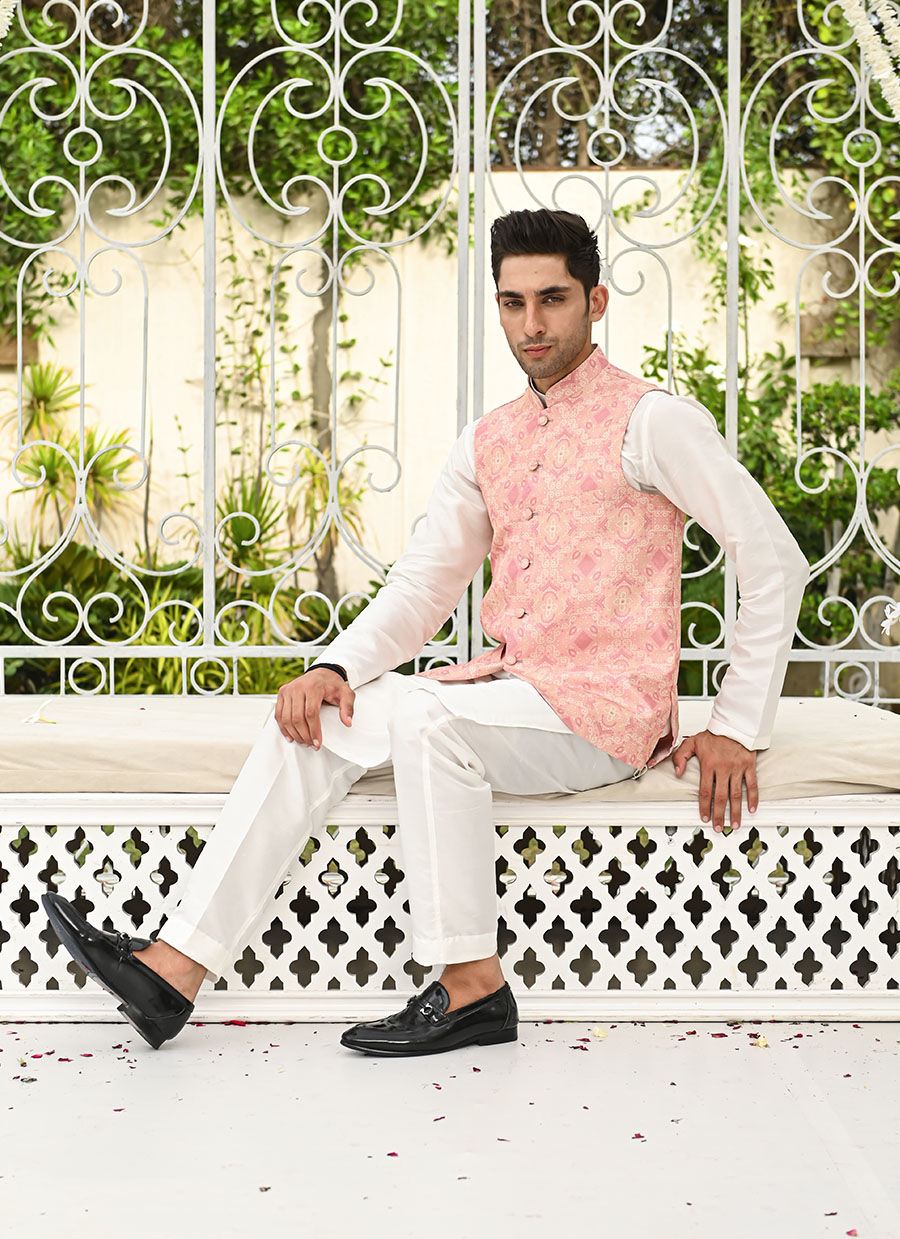 Pink Chunri Printed Raw Silk Waistcoat (3-Piece) - Image 4