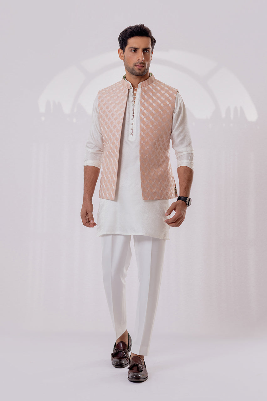 Blush Pink Embroidered Raw Silk Waistcoat Kurta (3-Piece) - Image 1