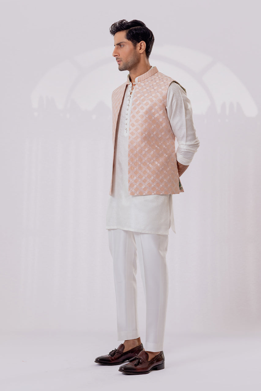 Blush Pink Embroidered Raw Silk Waistcoat Kurta (3-Piece) - Image 2