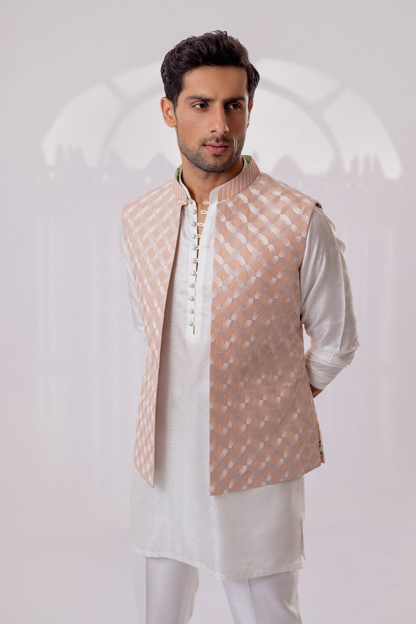Blush Pink Embroidered Raw Silk Waistcoat Kurta (3-Piece) - Image 4