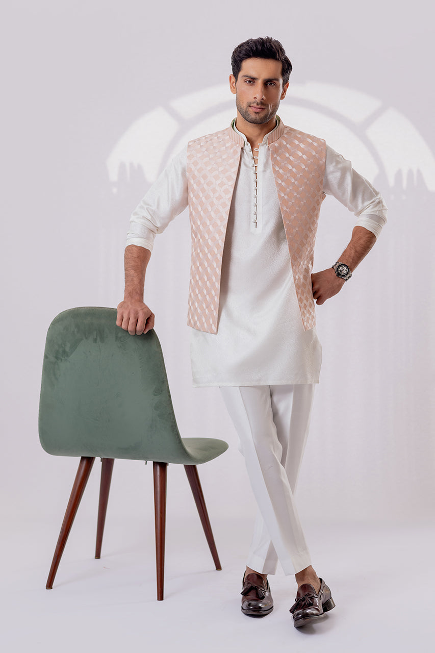 Blush Pink Embroidered Raw Silk Waistcoat Kurta (3-Piece) - Image 5