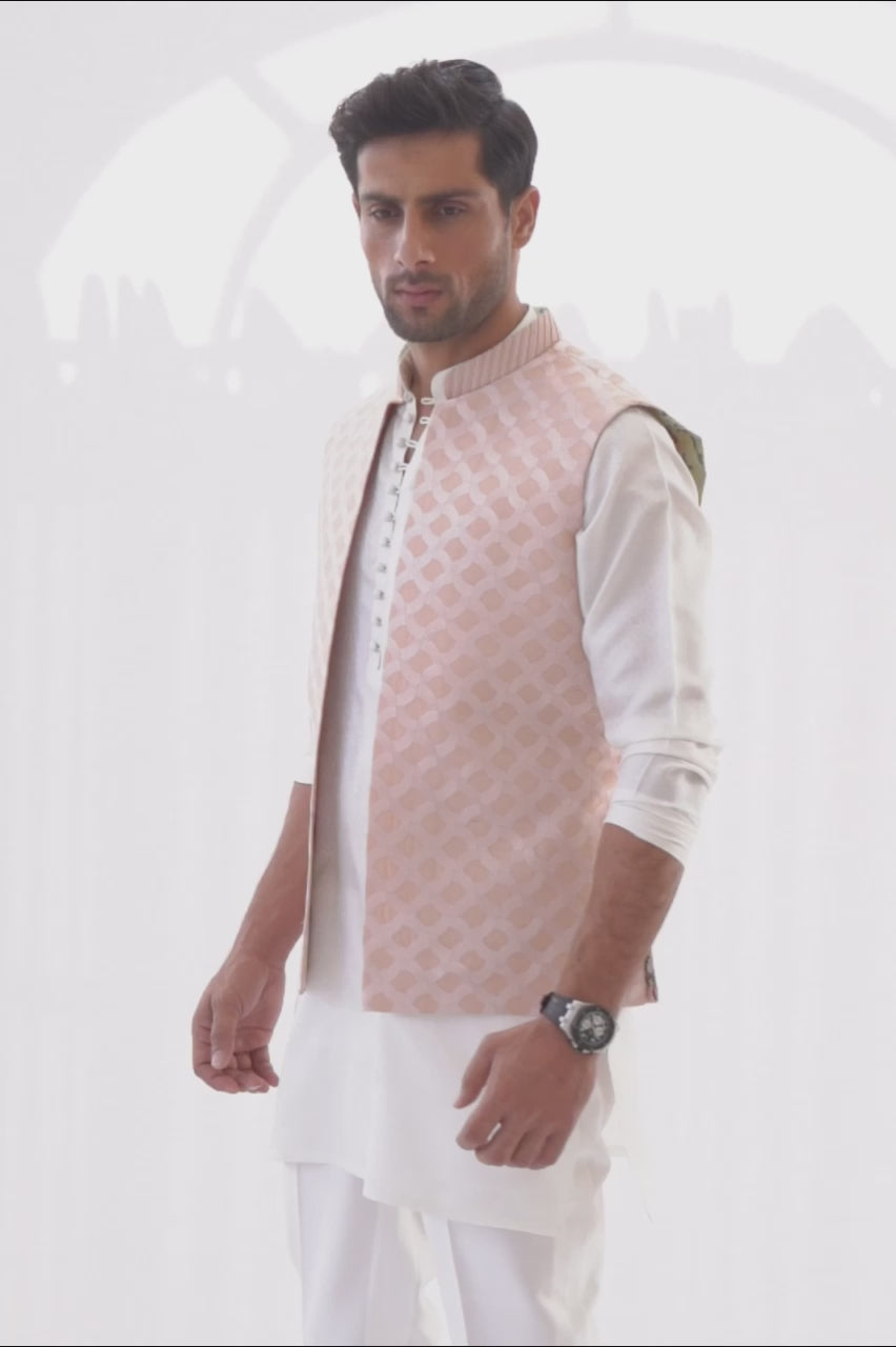 Blush Pink Embroidered Raw Silk Waistcoat Kurta (3-Piece) - Image 6