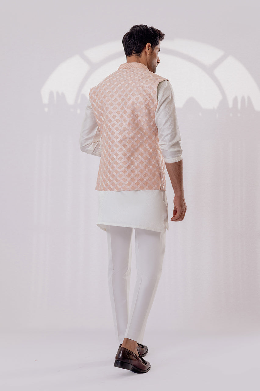 Blush Pink Raw Silk Waistcoat Kurta Set (3-Piece) - Image 3