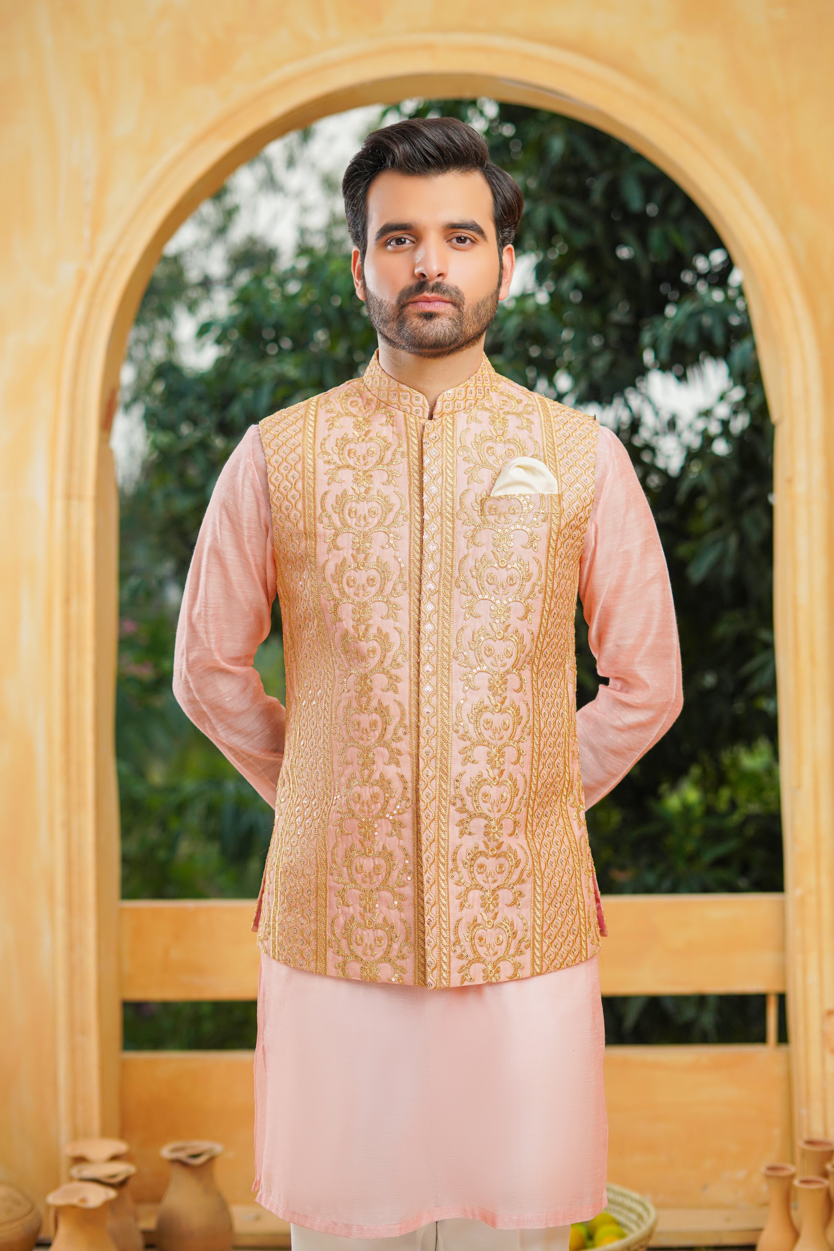 Light Pink Beige Woven Raw Silk Waistcoat Kurta (3-Piece) - Image 2
