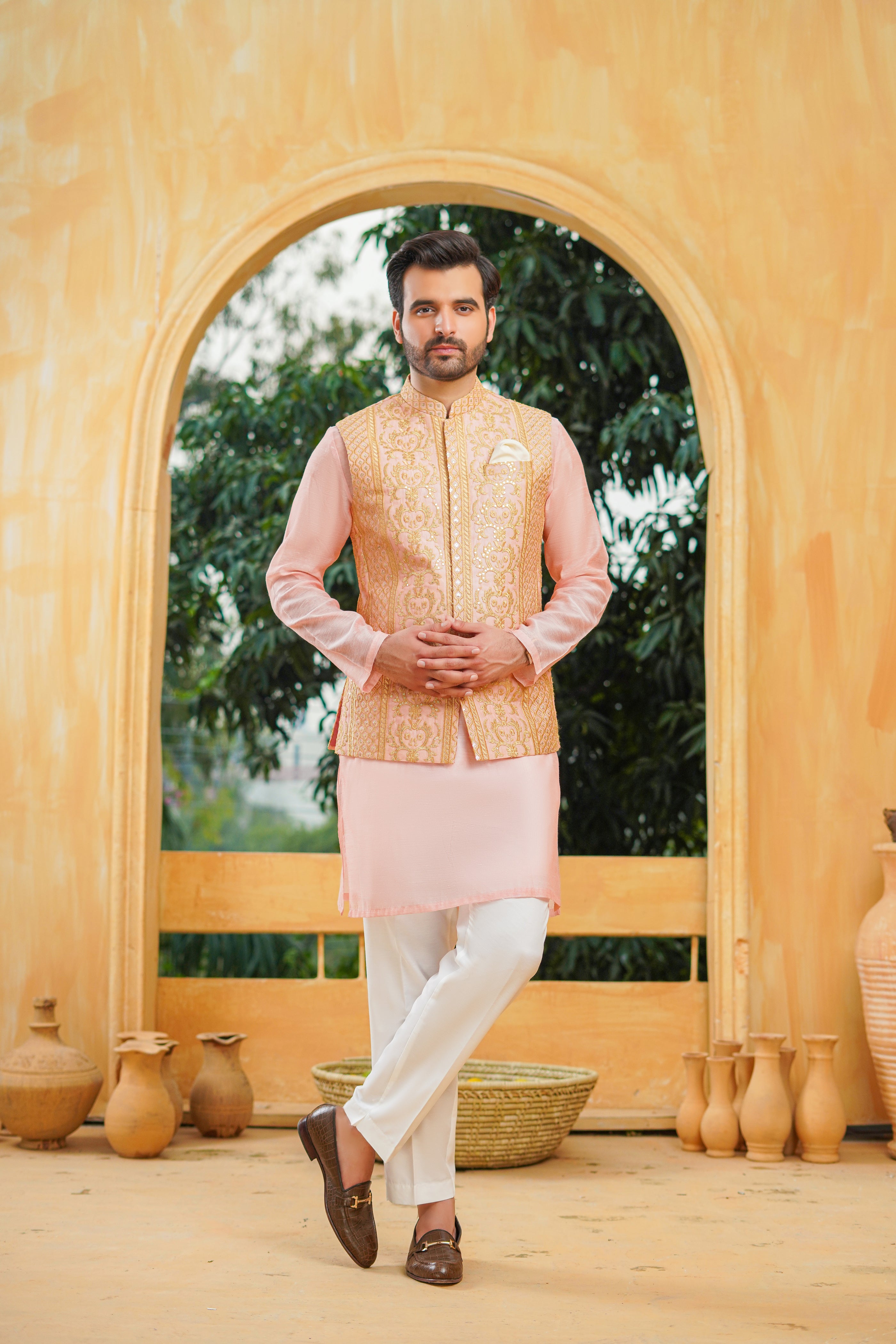 Light Pink Beige Woven Raw Silk Waistcoat Kurta (3-Piece) - Image 3