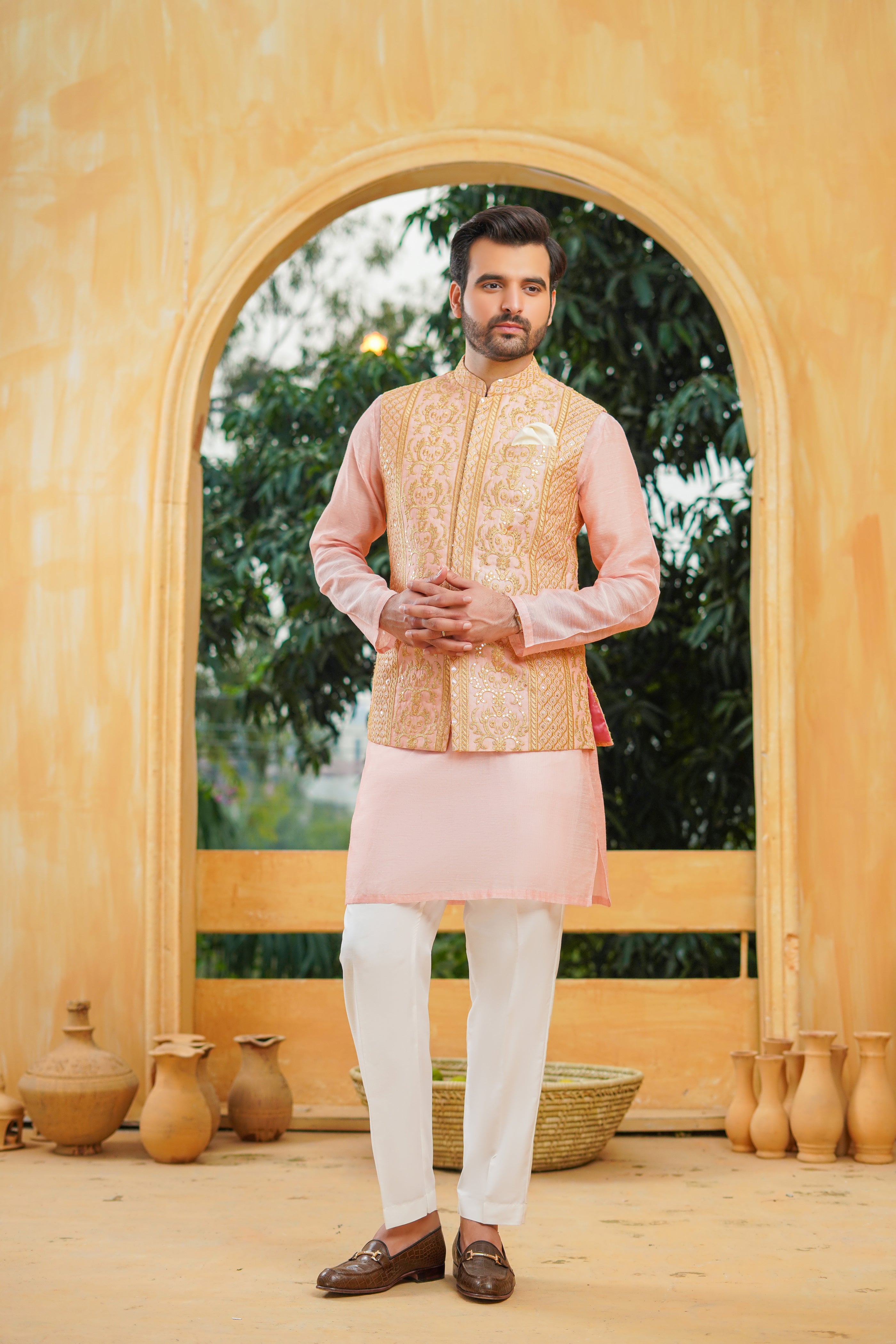 Light Pink Beige Woven Raw Silk Waistcoat Kurta (3-Piece) - Image 4