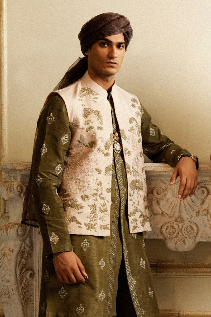 Pastel Pink Embroidered Raw Silk Waistcoat (3-Piece) - Image 2