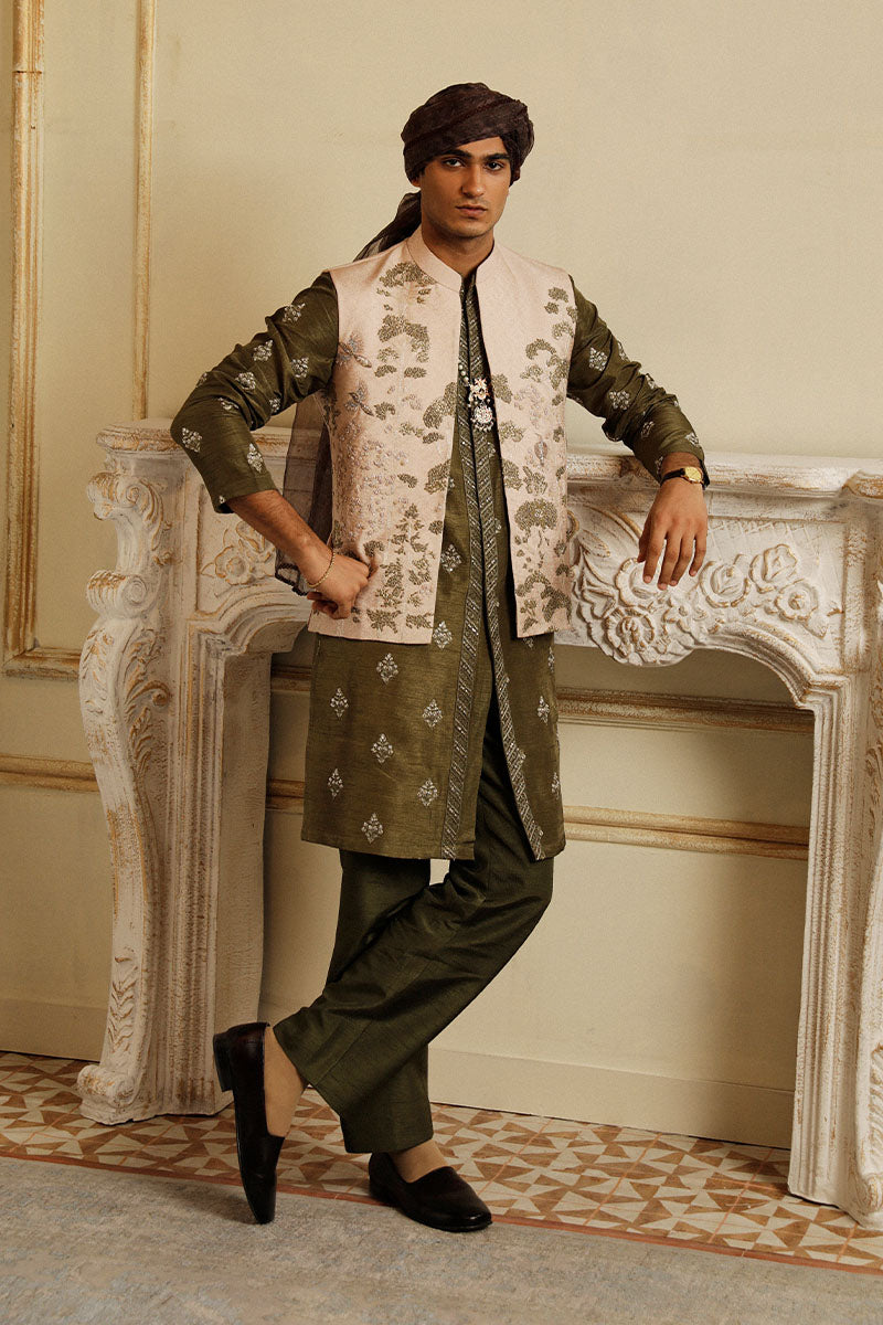 Pastel Pink Embroidered Raw Silk Waistcoat (3-Piece) - Image 3