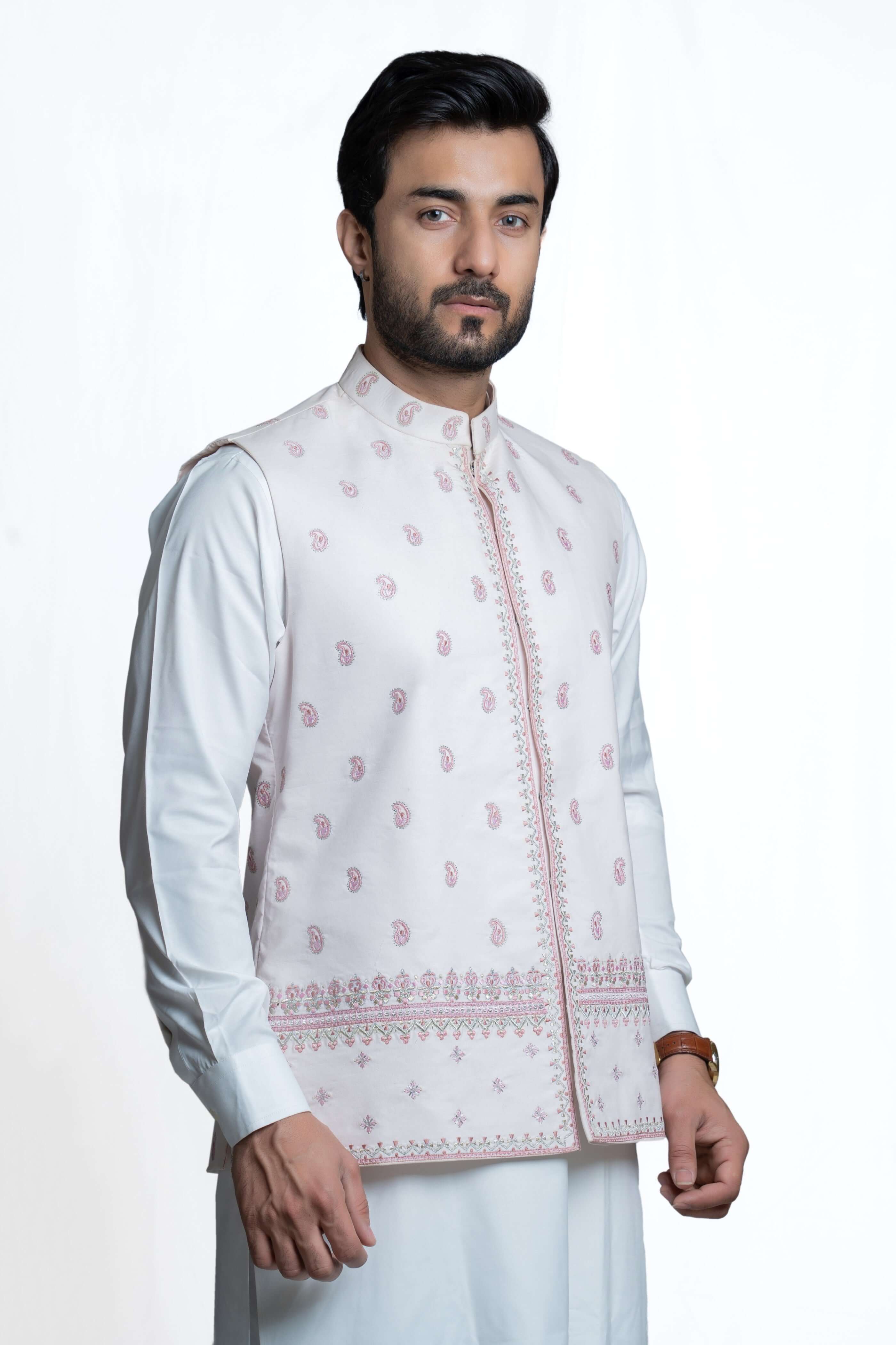 Baby Pink Embroidered Rawsilk Waistcoat (2-Piece) - Image 1