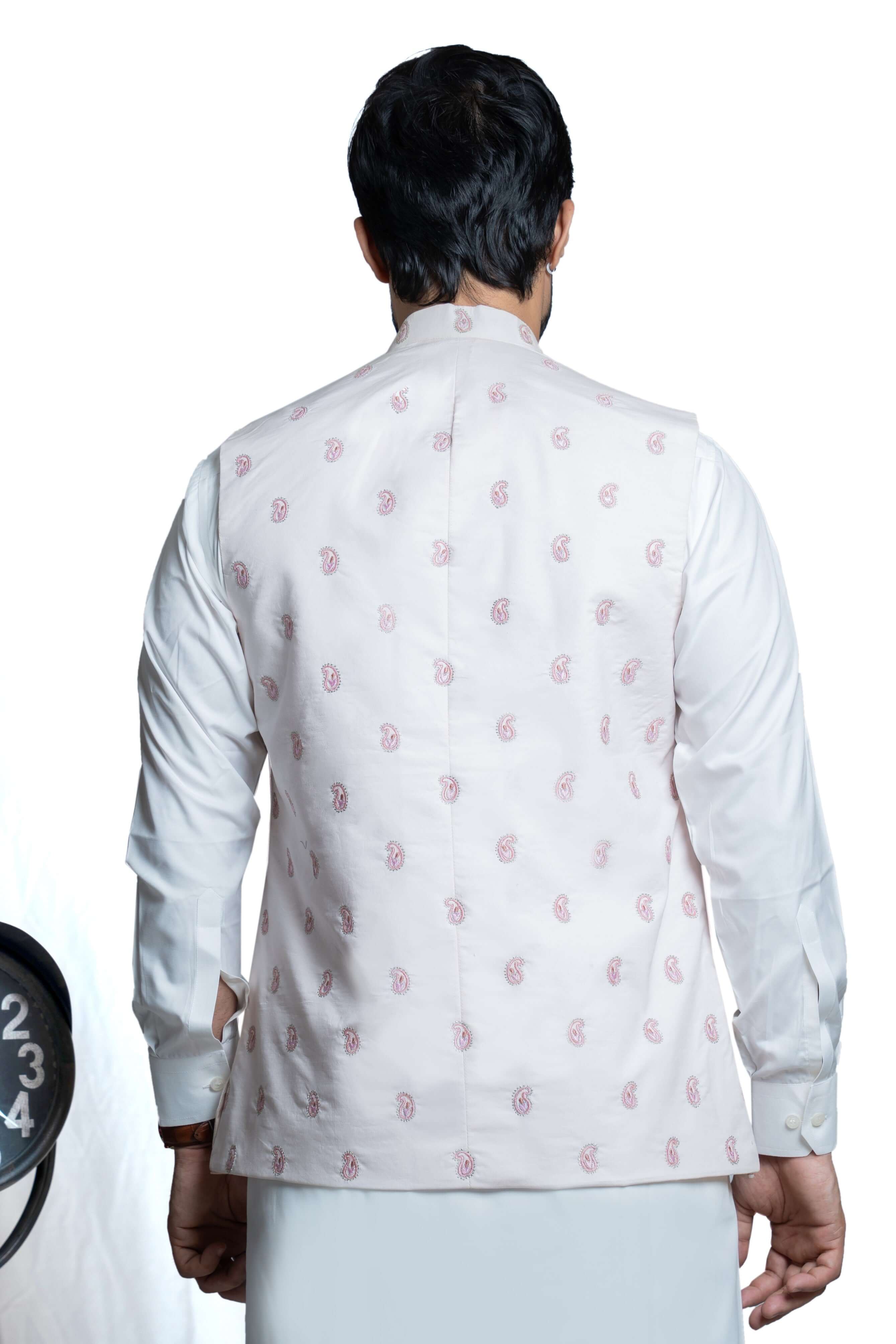 Baby Pink Embroidered Rawsilk Waistcoat (2-Piece) - Image 3