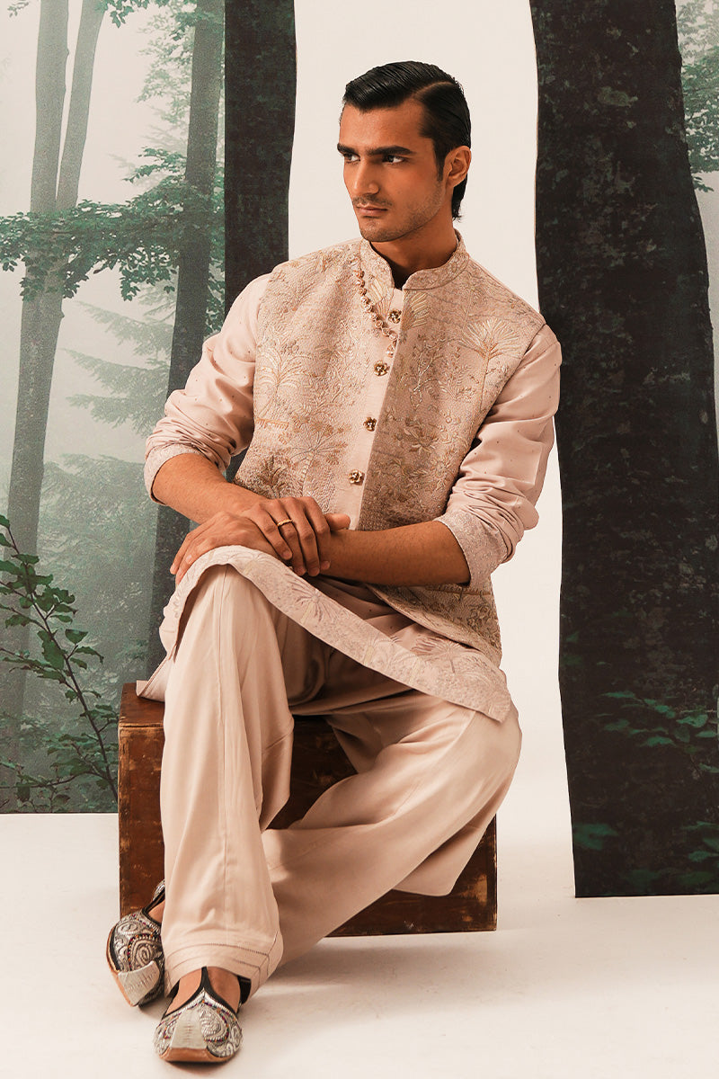 Coral Pink Hand-Embroidered Silk-Blend Waistcoat Kurta (3-Piece) - Image 5