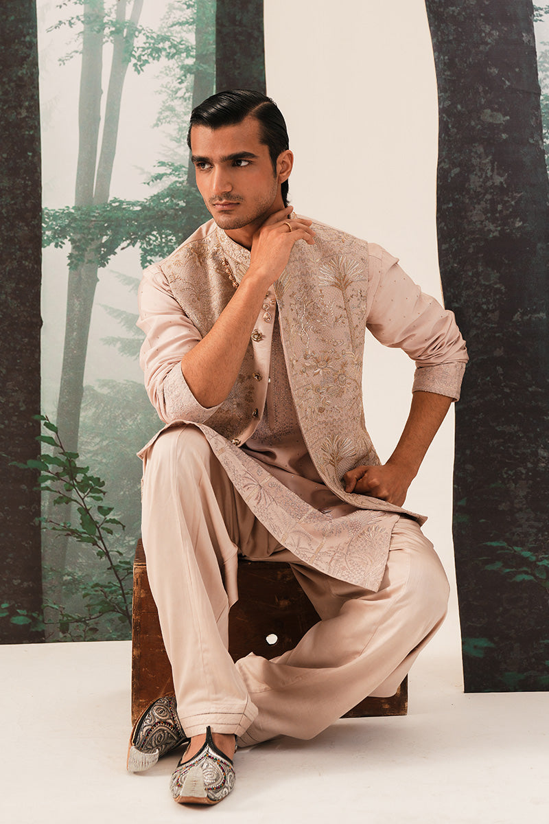 Coral Pink Hand-Embroidered Silk-Blend Waistcoat Kurta (3-Piece) - Image 8