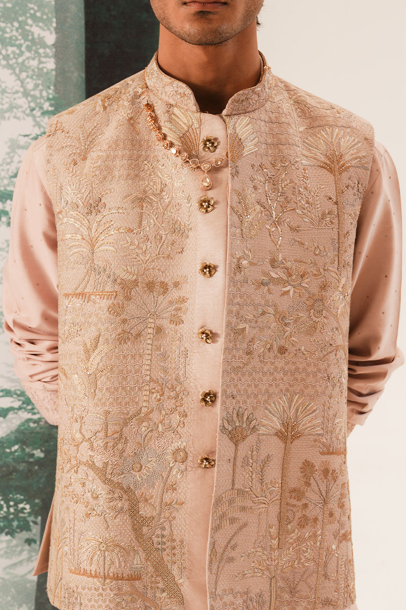 Coral Pink Embroidered Silk-Blend Waistcoat Kurta (3-Piece) - Image 1
