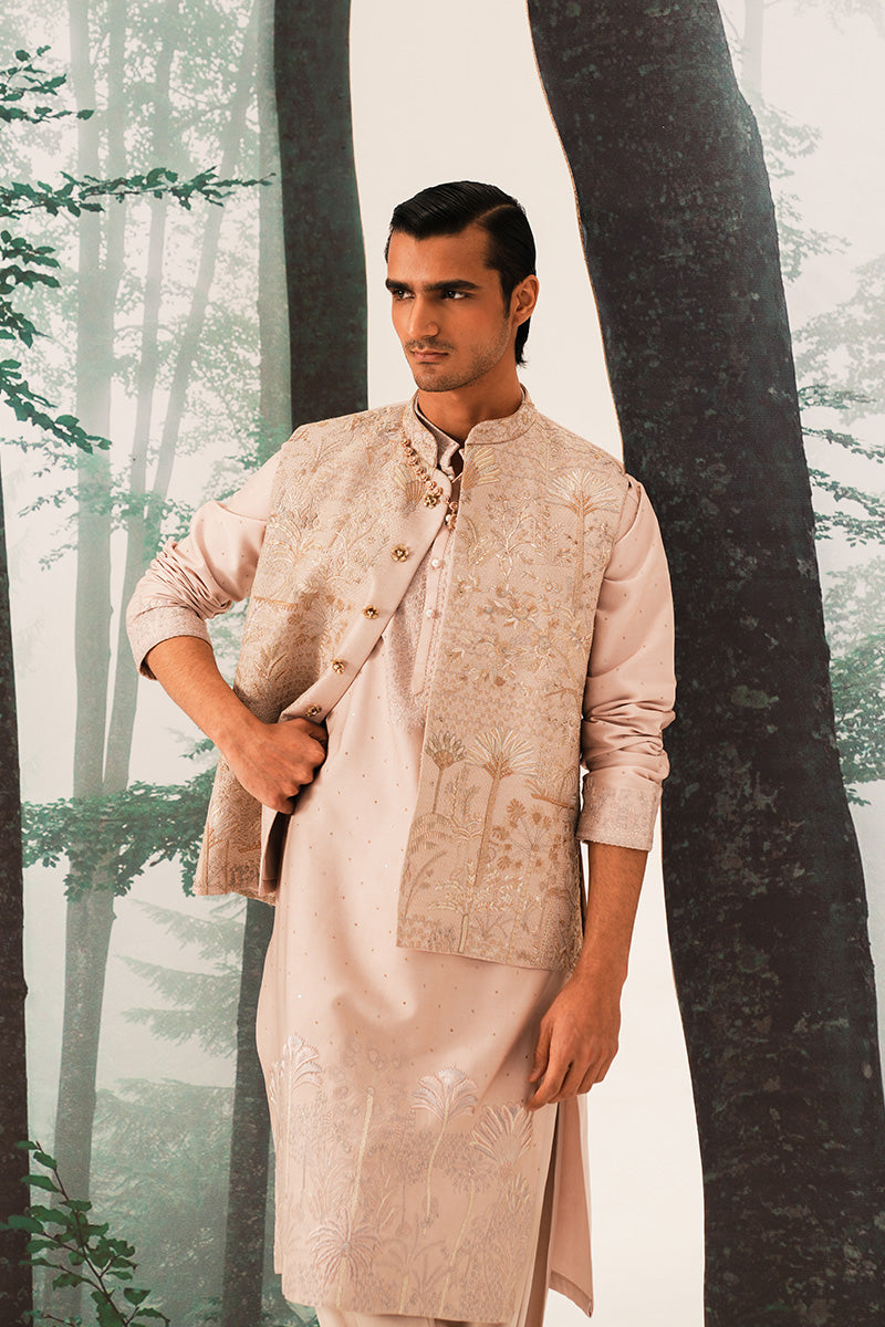 Coral Pink Embroidered Silk-Blend Waistcoat Kurta (3-Piece) - Image 2