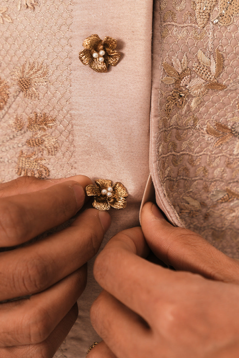 Coral Pink Embroidered Silk-Blend Waistcoat Kurta (3-Piece) - Image 3