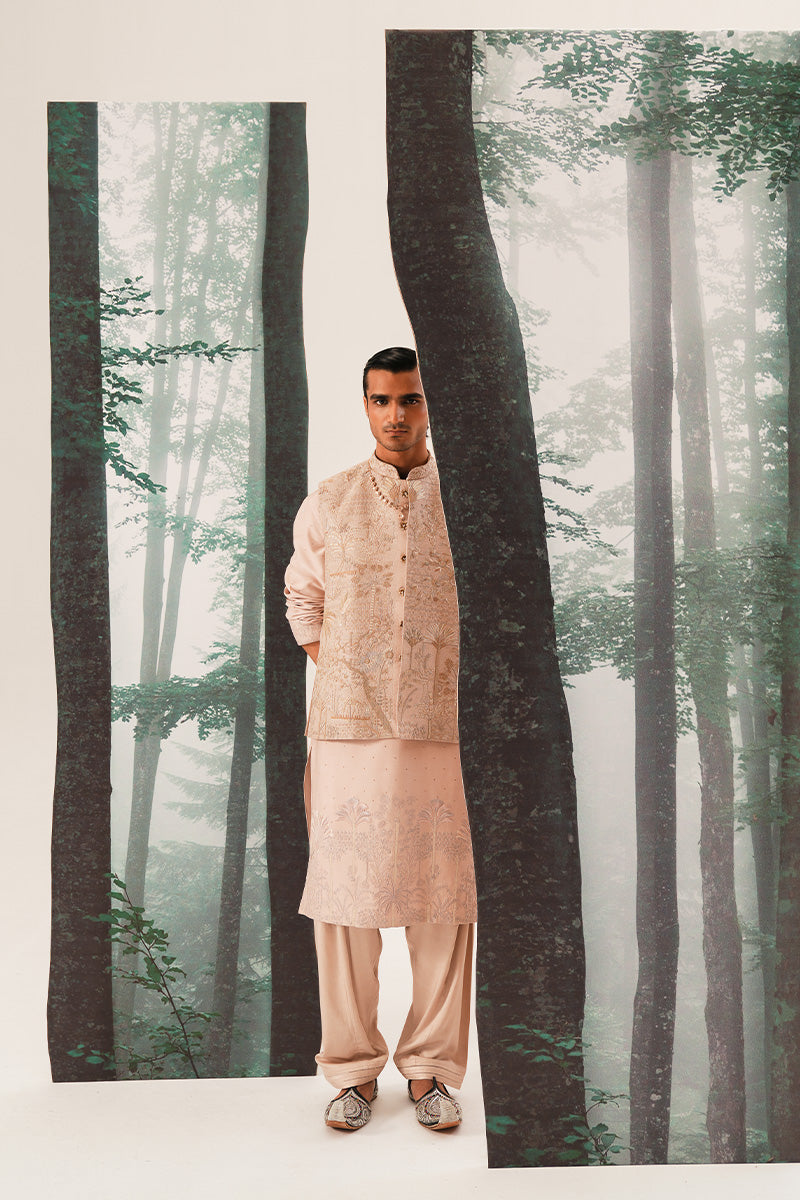 Coral Pink Embroidered Silk-Blend Waistcoat Kurta (3-Piece) - Image 4