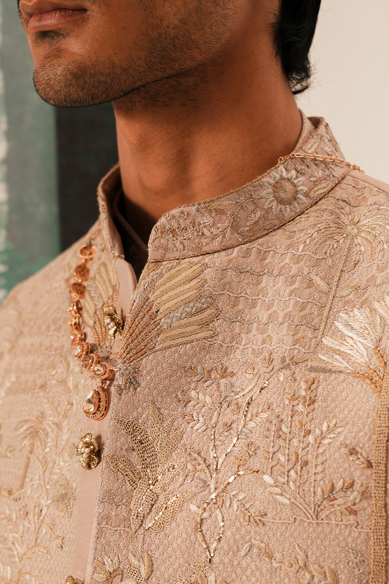 Coral Pink Embroidered Silk-Blend Waistcoat Kurta (3-Piece) - Image 6