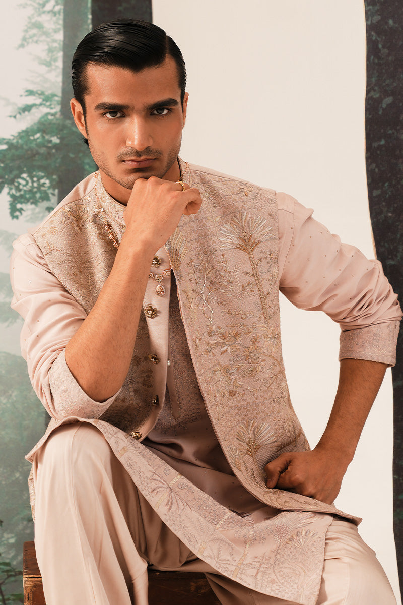 Coral Pink Embroidered Silk-Blend Waistcoat Kurta (3-Piece) - Image 7
