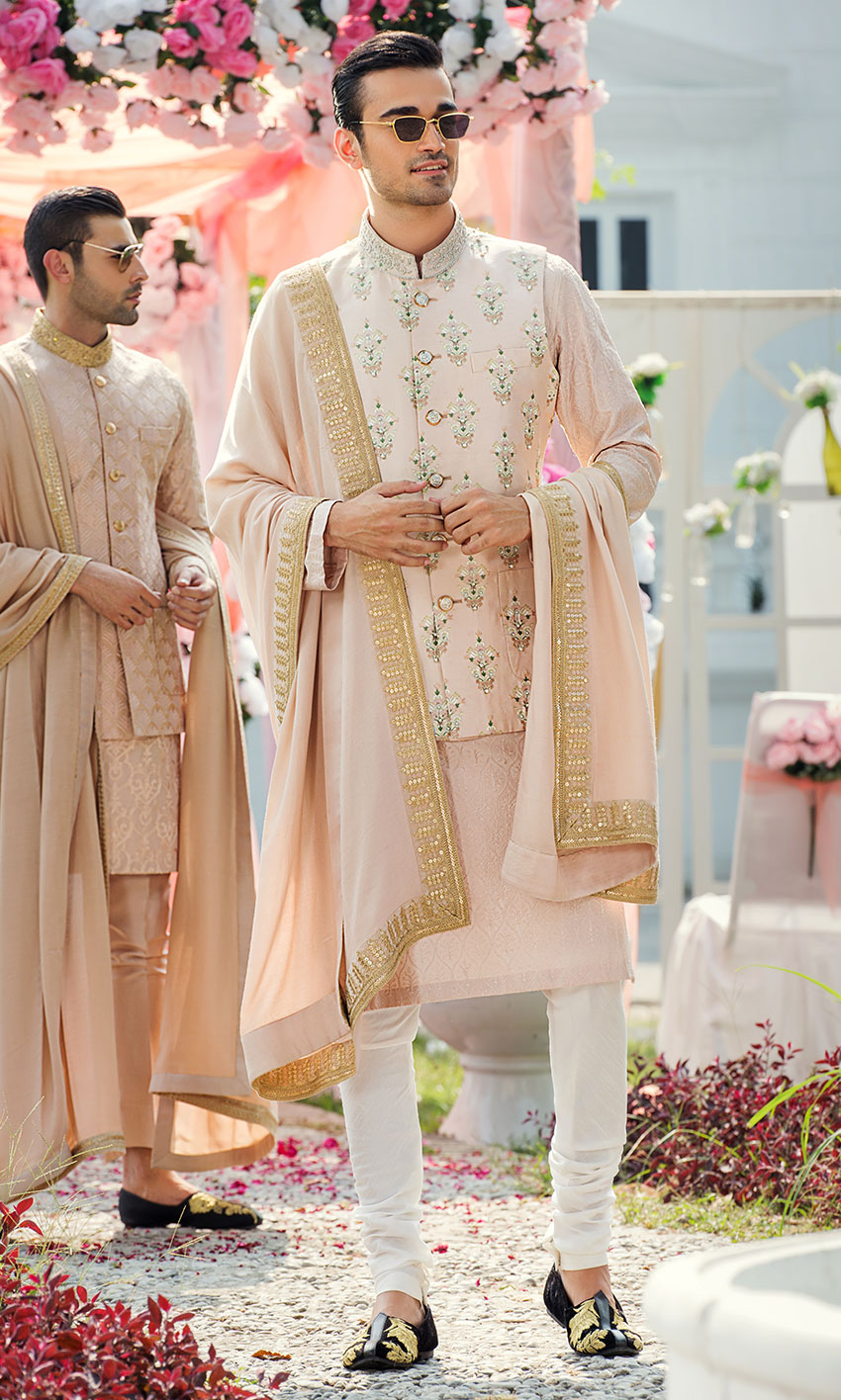 Blush Pink Embroidered Silk-Blend Waistcoat Kurta (3-Piece) - Image 1