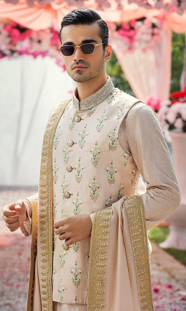 Blush Pink Embroidered Silk-Blend Waistcoat Kurta (3-Piece) - Image 3