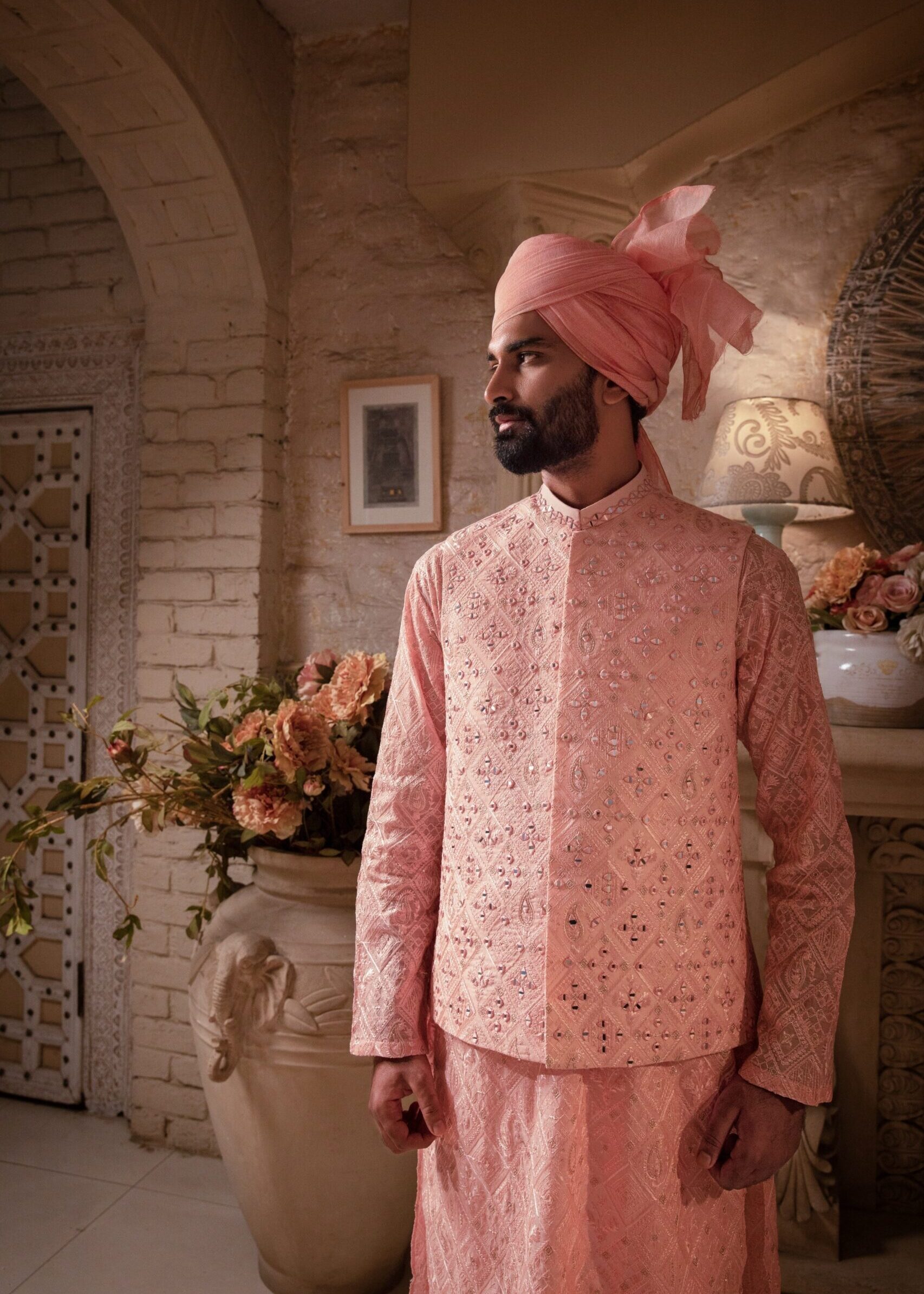 Salmon Mirror Embroidered Silk-Blend Waistcoat Kurta (3-Piece) - Image 1