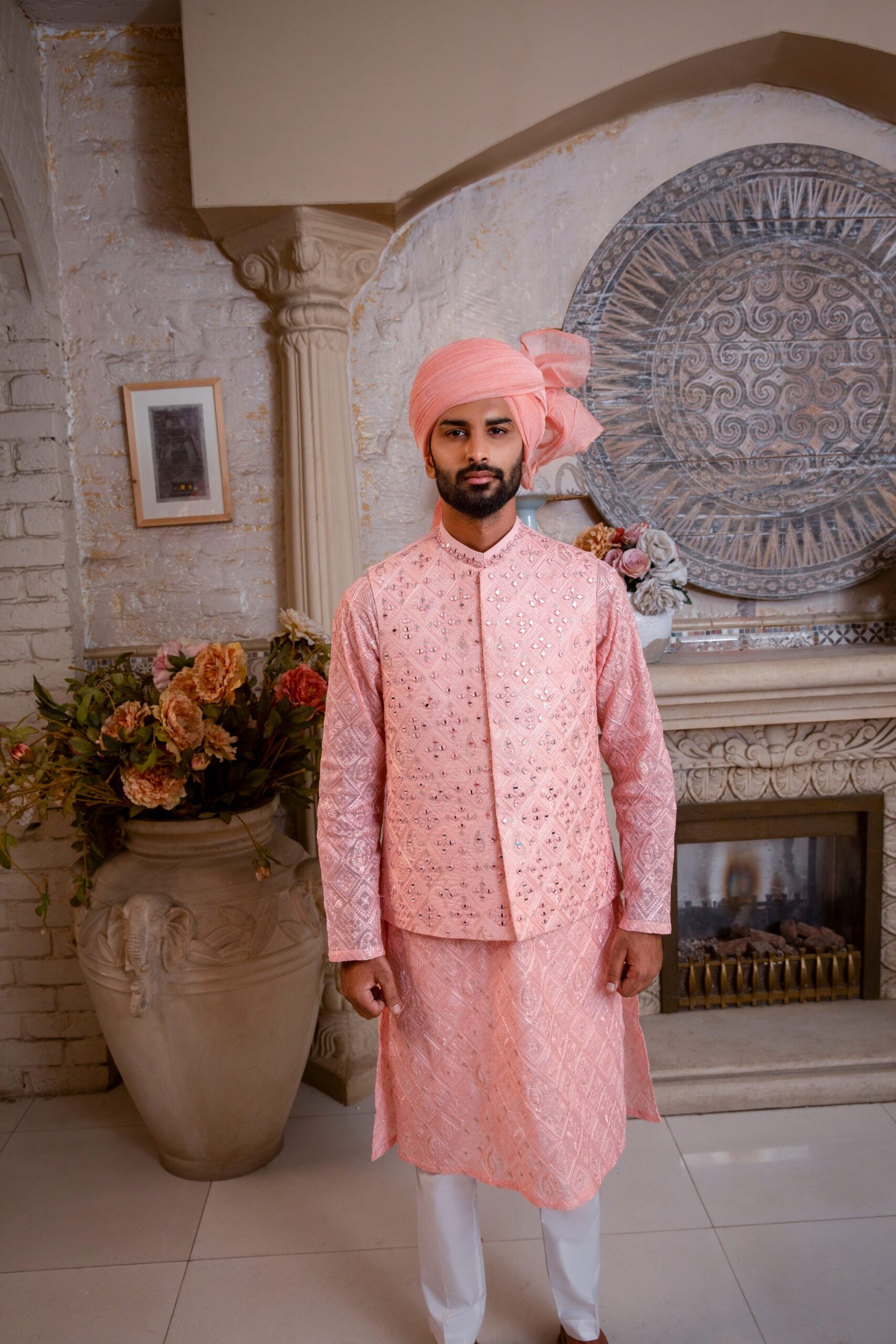 Salmon Mirror Embroidered Silk-Blend Waistcoat Kurta (3-Piece) - Image 4
