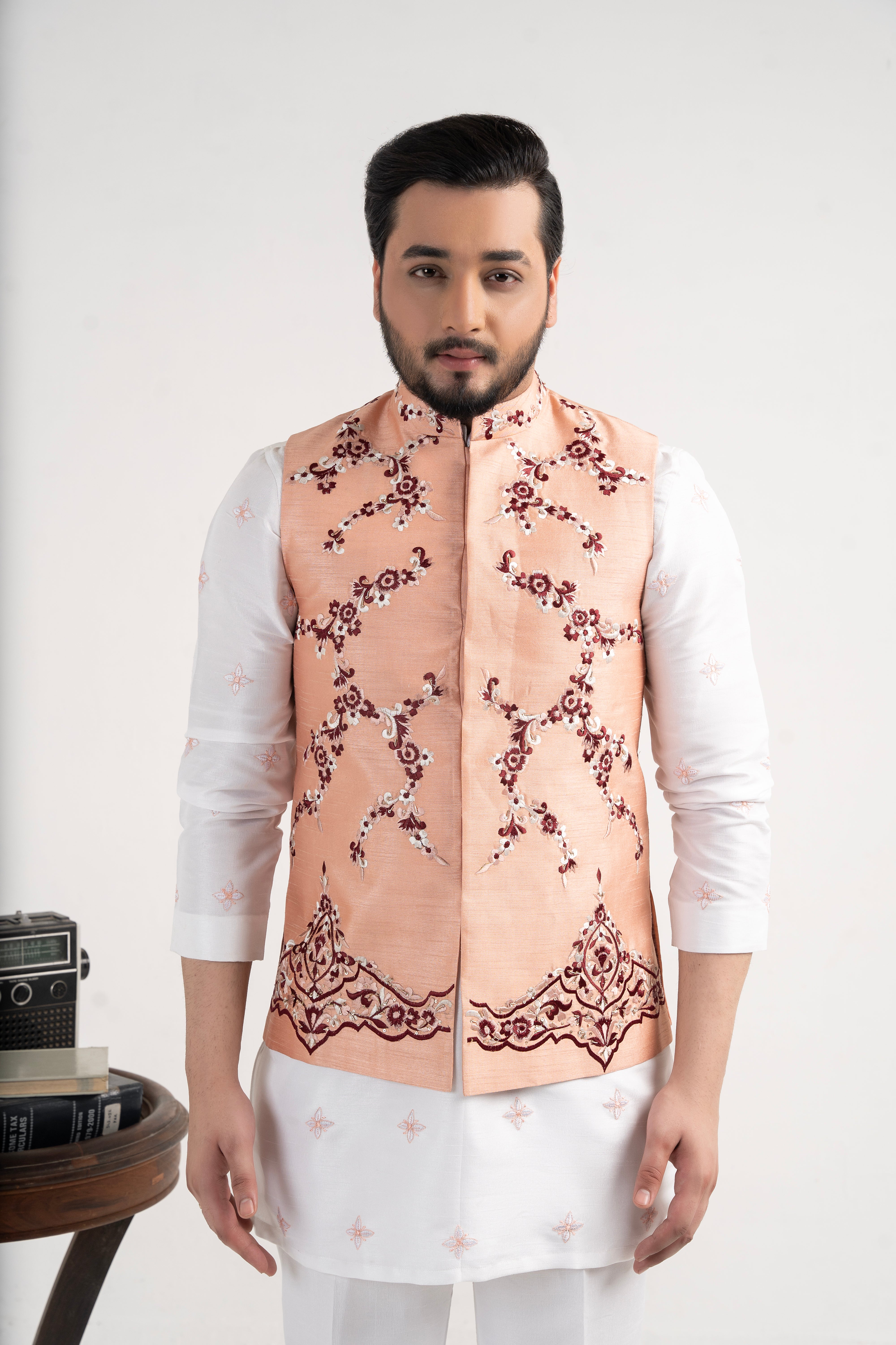 Light Pink Embroidered Silk Waistcoat (1-Pc) - Image 4