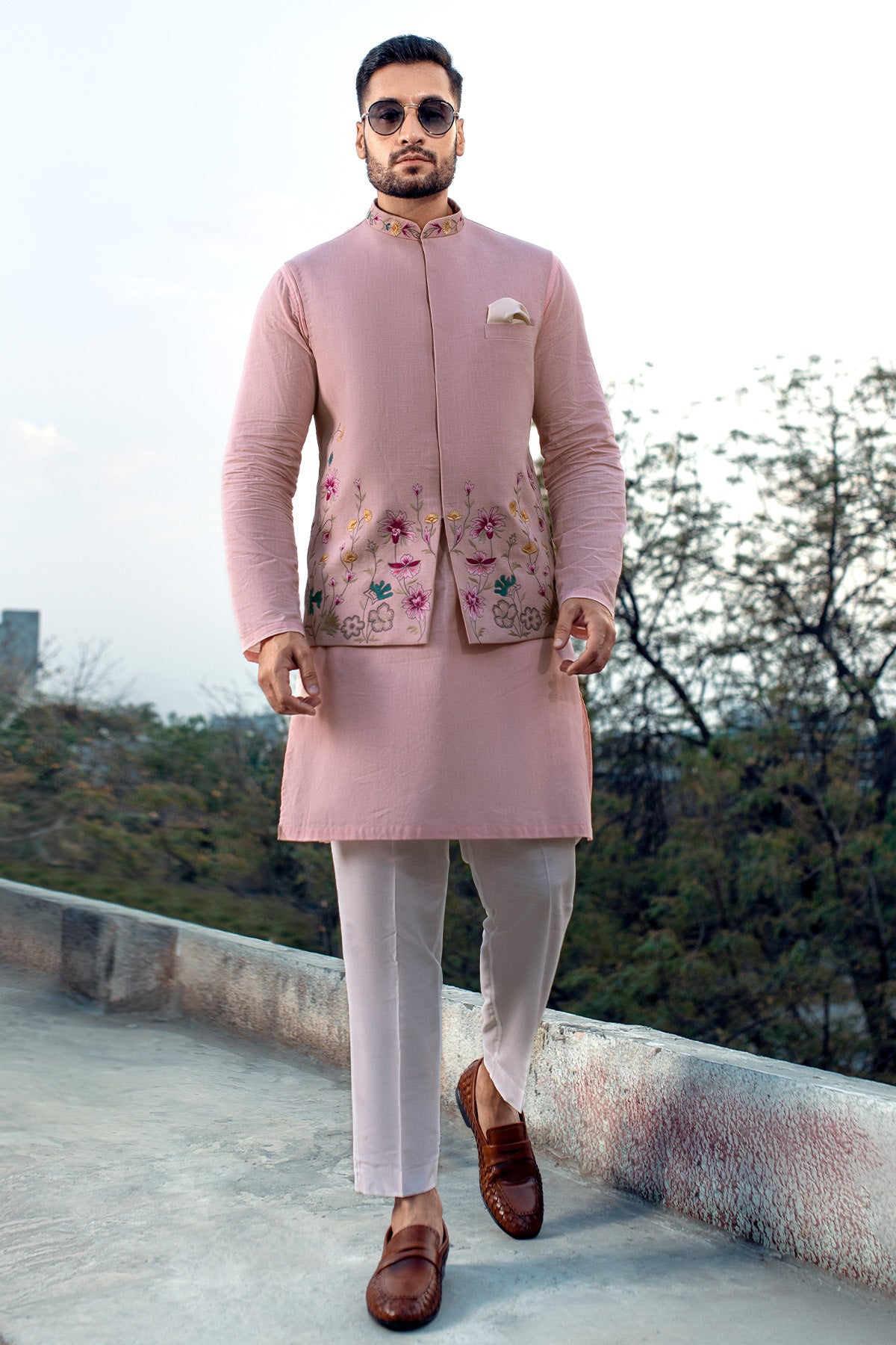 Blush Pink Embroidered Fine Fabric Waistcoat (3-Piece) - Image 1